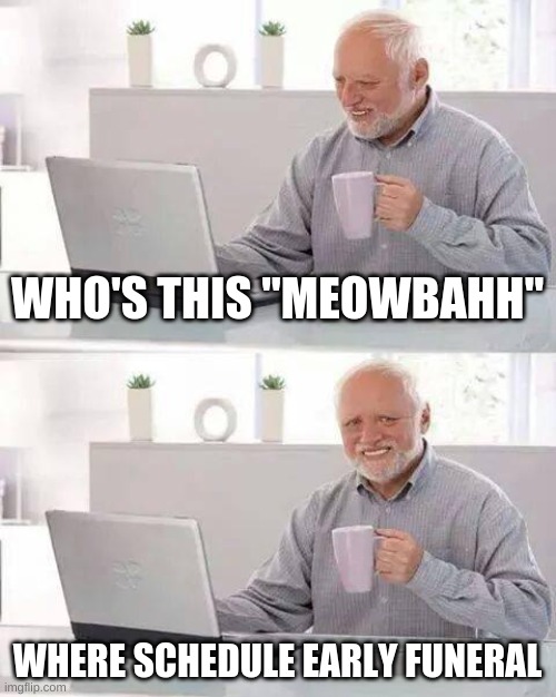 No Dad? | WHO'S THIS "MEOWBAHH"; WHERE SCHEDULE EARLY FUNERAL | image tagged in memes,hide the pain harold | made w/ Imgflip meme maker