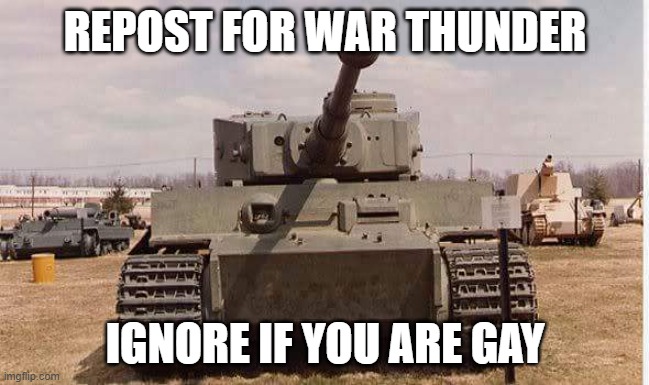 Repost | REPOST FOR WAR THUNDER; IGNORE IF YOU ARE GAY | image tagged in tiger tank | made w/ Imgflip meme maker