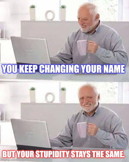 Name changing on message boards | YOU KEEP CHANGING YOUR NAME; BUT YOUR STUPIDITY STAYS THE SAME. | image tagged in memes,hide the pain harold | made w/ Imgflip meme maker