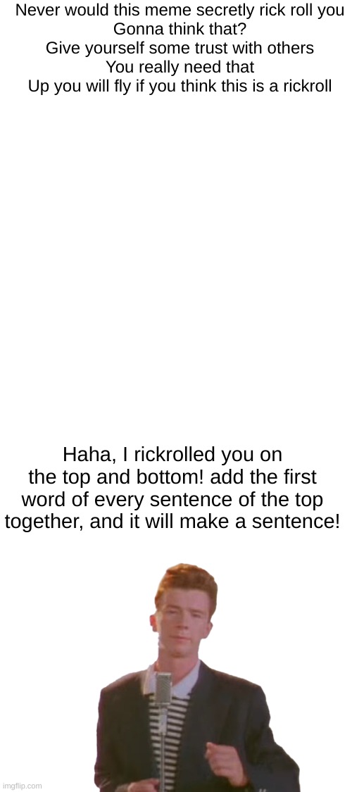 I am serious, this is not a rickroll | Never would this meme secretly rick roll you
Gonna think that?
Give yourself some trust with others
You really need that
Up you will fly if you think this is a rickroll; Haha, I rickrolled you on the top and bottom! add the first word of every sentence of the top together, and it will make a sentence! | image tagged in never gonna give you up,stop reading the tags,never gonna let you down,never gonna run around,and desert you | made w/ Imgflip meme maker