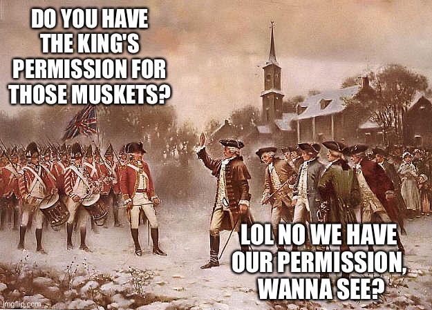 If the Constitution meant anything, the ATF wouldn't exist | DO YOU HAVE THE KING'S PERMISSION FOR THOSE MUSKETS? LOL NO WE HAVE 
OUR PERMISSION, 
WANNA SEE? | image tagged in redcoats vs patriots | made w/ Imgflip meme maker