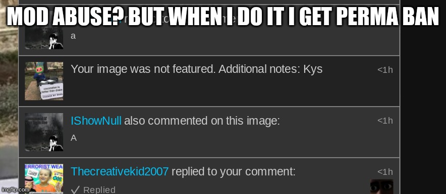 mods where? | MOD ABUSE? BUT WHEN I DO IT I GET PERMA BAN | image tagged in fuck | made w/ Imgflip meme maker