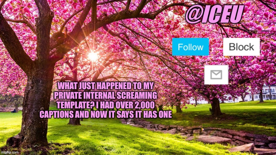Did this happen to anyone else? | WHAT JUST HAPPENED TO MY PRIVATE INTERNAL SCREAMING TEMPLATE? I HAD OVER 2,000 CAPTIONS AND NOW IT SAYS IT HAS ONE | image tagged in iceu spring template | made w/ Imgflip meme maker