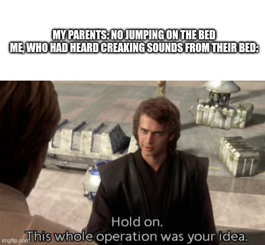 bad. |  MY PARENTS: NO JUMPING ON THE BED
ME, WHO HAD HEARD CREAKING SOUNDS FROM THEIR BED: | image tagged in hold on this whole operation was your idea,hypocrisy,star wars | made w/ Imgflip meme maker