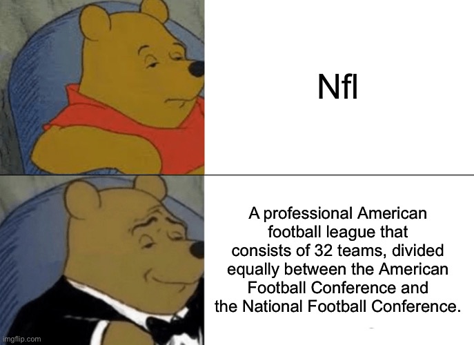 Football!!! | Nfl; A professional American football league that consists of 32 teams, divided equally between the American Football Conference and the National Football Conference. | image tagged in memes,tuxedo winnie the pooh | made w/ Imgflip meme maker