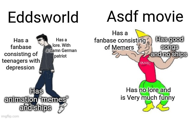Virgin vs Chad | Asdf movie; Eddsworld; Has a fanbase consisting of Memers; Has a fanbase consisting of teenagers with depression; Has good songs and no ships; Has a lore. With a damn German patriot; Has no lore and is Very much funny; Has animation "memes" and ships | image tagged in virgin vs chad | made w/ Imgflip meme maker