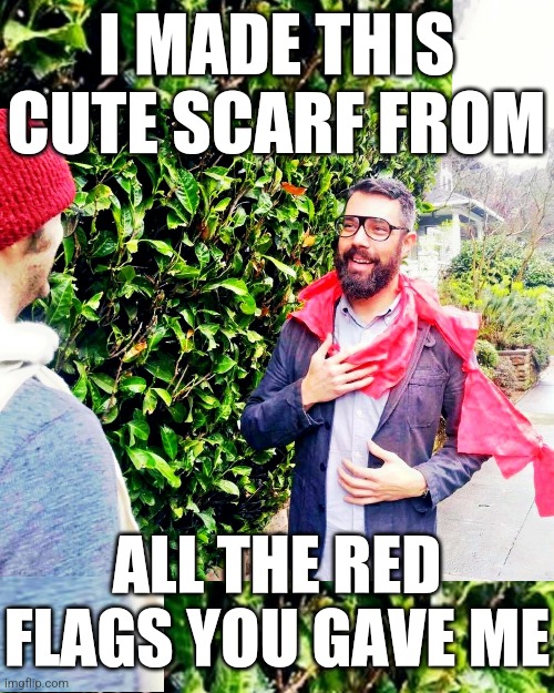 Made Scarf Outta Red Flags You Gave Me | I MADE THIS CUTE SCARF FROM; ALL THE RED FLAGS YOU GAVE ME | image tagged in made cute scarf,red flags,red flags you gave me | made w/ Imgflip meme maker
