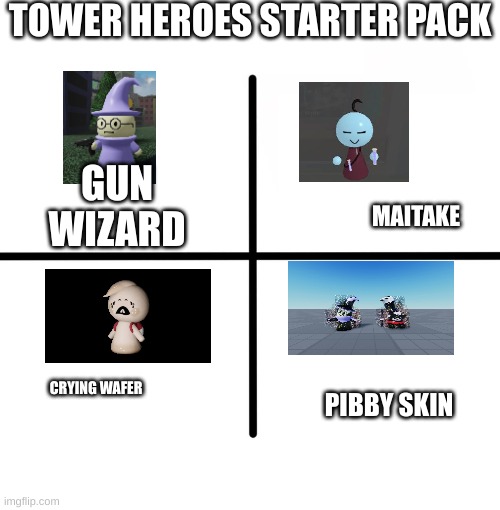 Towre heroes starter pack | TOWER HEROES STARTER PACK; GUN WIZARD; MAITAKE; CRYING WAFER; PIBBY SKIN | image tagged in memes,blank starter pack | made w/ Imgflip meme maker