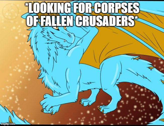 Sky Dragon | *LOOKING FOR CORPSES OF FALLEN CRUSADERS* | image tagged in sky dragon | made w/ Imgflip meme maker