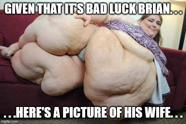 fat girl | GIVEN THAT IT'S BAD LUCK BRIAN. . . . . .HERE'S A PICTURE OF HIS WIFE. . . | image tagged in fat girl | made w/ Imgflip meme maker