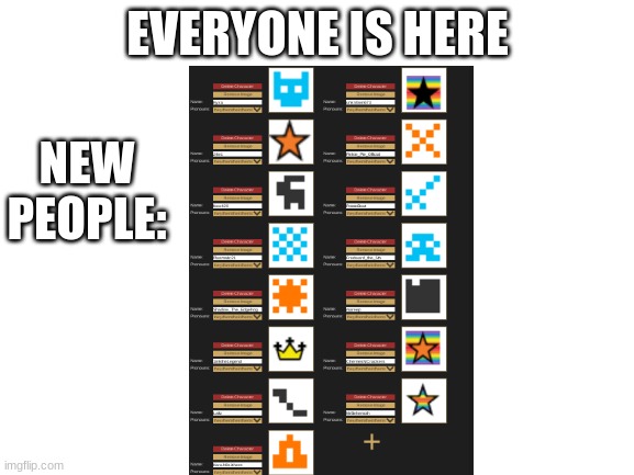 cue super smash bros ultimate theme here | EVERYONE IS HERE; NEW PEOPLE: | image tagged in blank white template,pokemon,hunger games | made w/ Imgflip meme maker