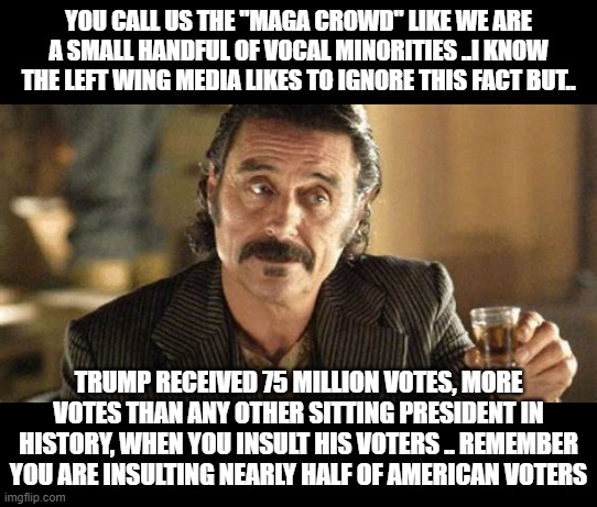 Vocal minorities are BLM and the alphabet crowd |  YOU CALL US THE "MAGA CROWD" LIKE WE ARE A SMALL HANDFUL OF VOCAL MINORITIES ..I KNOW THE LEFT WING MEDIA LIKES TO IGNORE THIS FACT BUT.. TRUMP RECEIVED 75 MILLION VOTES, MORE VOTES THAN ANY OTHER SITTING PRESIDENT IN HISTORY, WHEN YOU INSULT HIS VOTERS .. REMEMBER YOU ARE INSULTING NEARLY HALF OF AMERICAN VOTERS | image tagged in stupid liberals,political meme,truth,funny memes,political humor,biased media | made w/ Imgflip meme maker