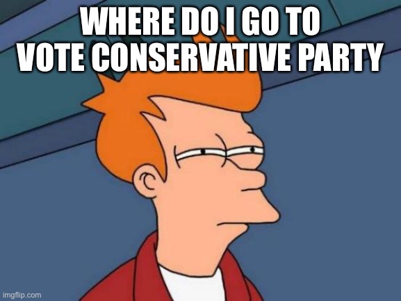 Hi I heard about this stream on Memechat I would like to join the Conservative Party (mine_notes: just sign up for a lifetime of | WHERE DO I GO TO VOTE CONSERVATIVE PARTY | image tagged in futurama fry,conservative,conservative party,inspired by rmk,thats my alt,out-of-place futurama fry | made w/ Imgflip meme maker