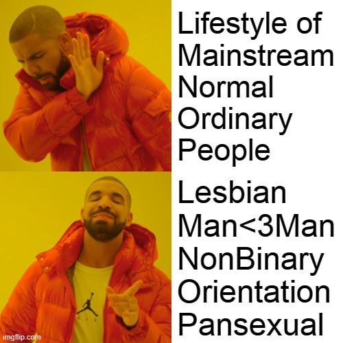 let's make it gay |  Lifestyle of
Mainstream
Normal
Ordinary
People; Lesbian
Man<3Man
NonBinary
Orientation
Pansexual | image tagged in memes,drake hotline bling,gay,homosexual,homophobic | made w/ Imgflip meme maker
