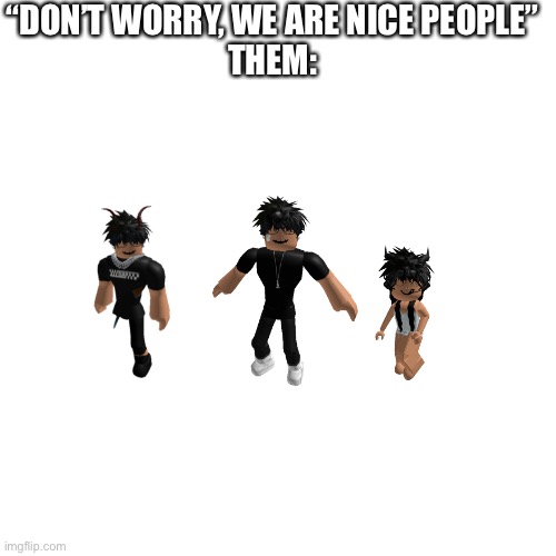 BLANK | “DON’T WORRY, WE ARE NICE PEOPLE”
THEM: | image tagged in blank | made w/ Imgflip meme maker