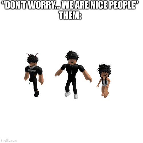 BLANK | “DON’T WORRY… WE ARE NICE PEOPLE”
THEM: | image tagged in blank | made w/ Imgflip meme maker