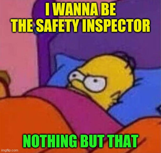 trust me, ill be great at it! | I WANNA BE THE SAFETY INSPECTOR; NOTHING BUT THAT | image tagged in angry homer simpson in bed | made w/ Imgflip meme maker