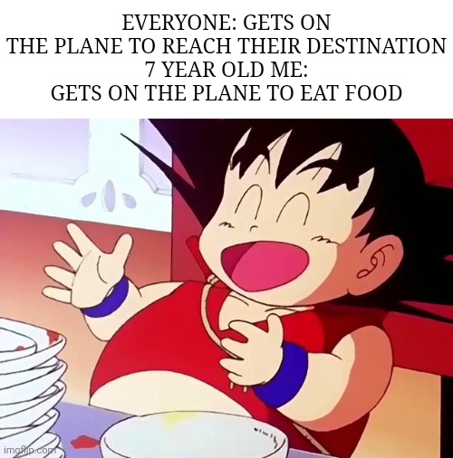 Again am i the only one | EVERYONE: GETS ON THE PLANE TO REACH THEIR DESTINATION
7 YEAR OLD ME: GETS ON THE PLANE TO EAT FOOD | image tagged in unfunny,memes | made w/ Imgflip meme maker