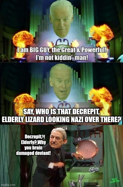 Joe Biden Wizard of Odd | SAY, WHO IS THAT DECREPIT, ELDERLY LIZARD LOOKING NAZI OVER THERE? Decrepit, Elderly? Why you brain damaged deviant! | image tagged in george soros | made w/ Imgflip meme maker