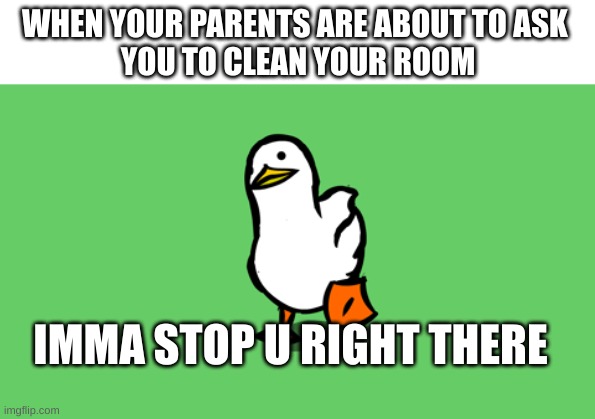 Bruh | WHEN YOUR PARENTS ARE ABOUT TO ASK 
YOU TO CLEAN YOUR ROOM; IMMA STOP U RIGHT THERE | image tagged in imma stop u right there,memes | made w/ Imgflip meme maker