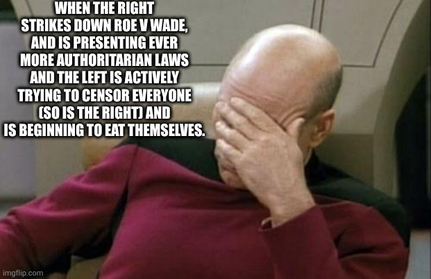 bend over for the coming theocracy | WHEN THE RIGHT STRIKES DOWN ROE V WADE, AND IS PRESENTING EVER MORE AUTHORITARIAN LAWS AND THE LEFT IS ACTIVELY TRYING TO CENSOR EVERYONE (SO IS THE RIGHT) AND IS BEGINNING TO EAT THEMSELVES. | image tagged in memes,captain picard facepalm | made w/ Imgflip meme maker