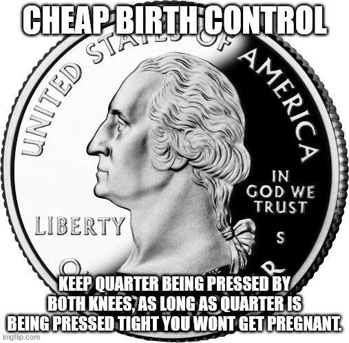 Quarter | CHEAP BIRTH CONTROL KEEP QUARTER BEING PRESSED BY BOTH KNEES, AS LONG AS QUARTER IS BEING PRESSED TIGHT YOU WONT GET PREGNANT. | image tagged in quarter | made w/ Imgflip meme maker