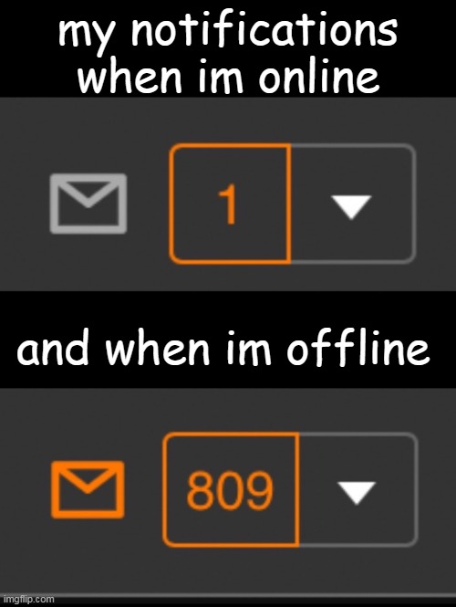 relatable? | my notifications when im online; and when im offline | image tagged in 1 notification vs 809 notifications with message | made w/ Imgflip meme maker