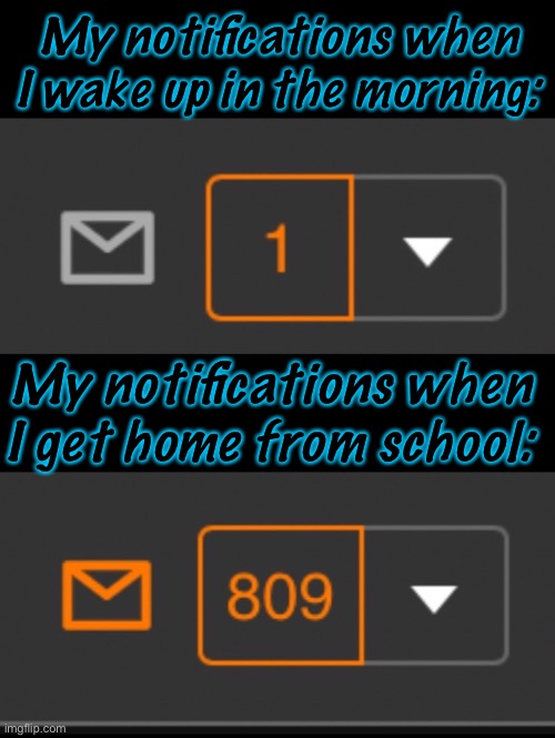 - Title - |  My notifications when I wake up in the morning:; My notifications when I get home from school: | image tagged in 1 notification vs 809 notifications with message | made w/ Imgflip meme maker