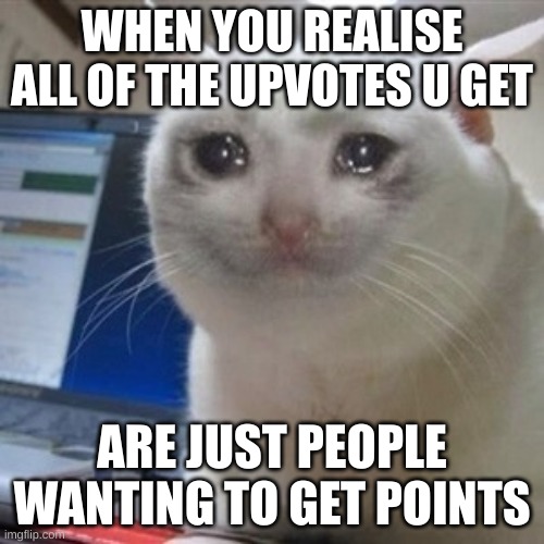 eemagin |  WHEN YOU REALISE ALL OF THE UPVOTES U GET; ARE JUST PEOPLE WANTING TO GET POINTS | image tagged in crying cat,funny,memes,sad | made w/ Imgflip meme maker
