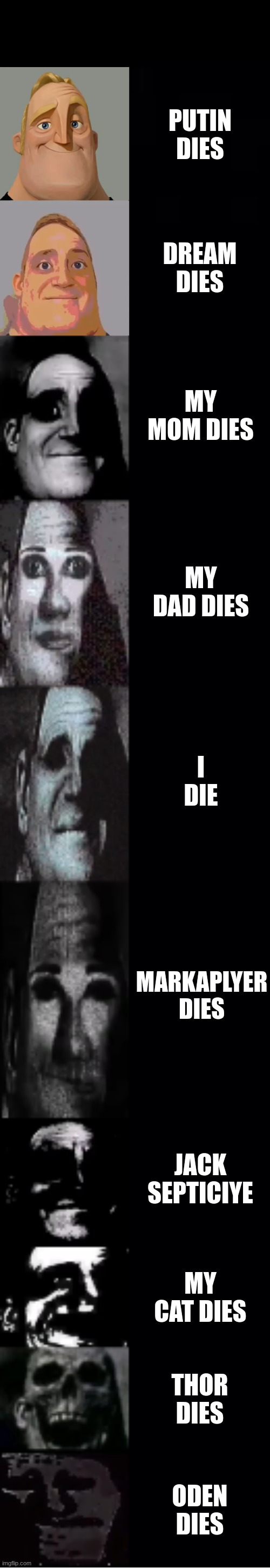 mr incredible becoming uncanny | PUTIN DIES; DREAM DIES; MY MOM DIES; MY DAD DIES; I DIE; MARKAPLYER DIES; JACK SEPTICIYE; MY CAT DIES; THOR DIES; ODEN DIES | image tagged in mr incredible becoming uncanny | made w/ Imgflip meme maker