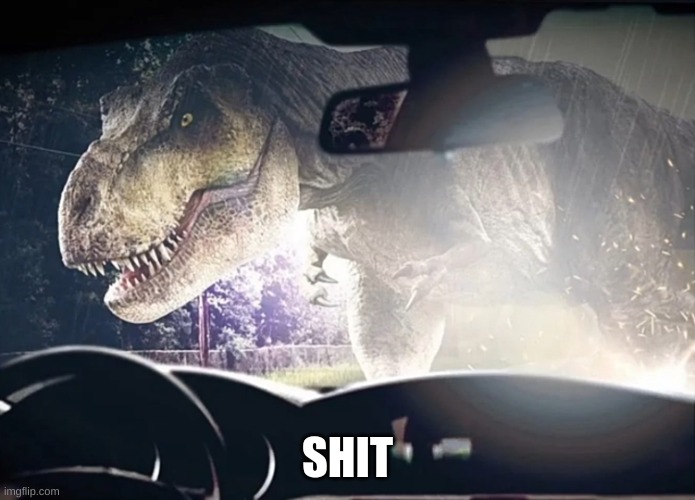 nooooooooooooooooooooooooo | SHIT | image tagged in rexy vs you in a car | made w/ Imgflip meme maker