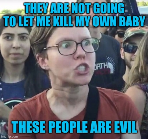 Liberals really freaking out about abortions again. Notice the Democrat blue lol | THEY ARE NOT GOING TO LET ME KILL MY OWN BABY; THESE PEOPLE ARE EVIL | image tagged in triggered feminist,liberals,abortion,democrats | made w/ Imgflip meme maker