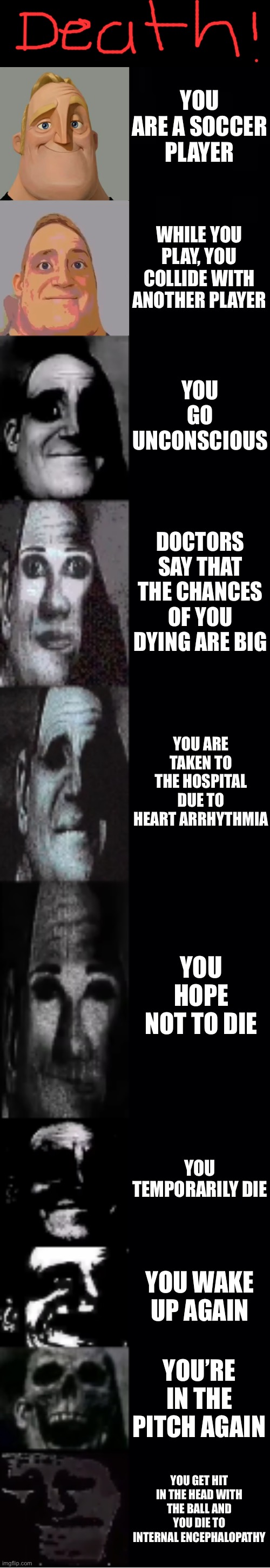 Death on the pitch | YOU ARE A SOCCER PLAYER; WHILE YOU PLAY, YOU COLLIDE WITH ANOTHER PLAYER; YOU GO UNCONSCIOUS; DOCTORS SAY THAT THE CHANCES OF YOU DYING ARE BIG; YOU ARE TAKEN TO THE HOSPITAL DUE TO HEART ARRHYTHMIA; YOU HOPE NOT TO DIE; YOU TEMPORARILY DIE; YOU WAKE UP AGAIN; YOU’RE IN THE PITCH AGAIN; YOU GET HIT IN THE HEAD WITH THE BALL AND YOU DIE TO INTERNAL ENCEPHALOPATHY | image tagged in mr incredible becoming uncanny | made w/ Imgflip meme maker