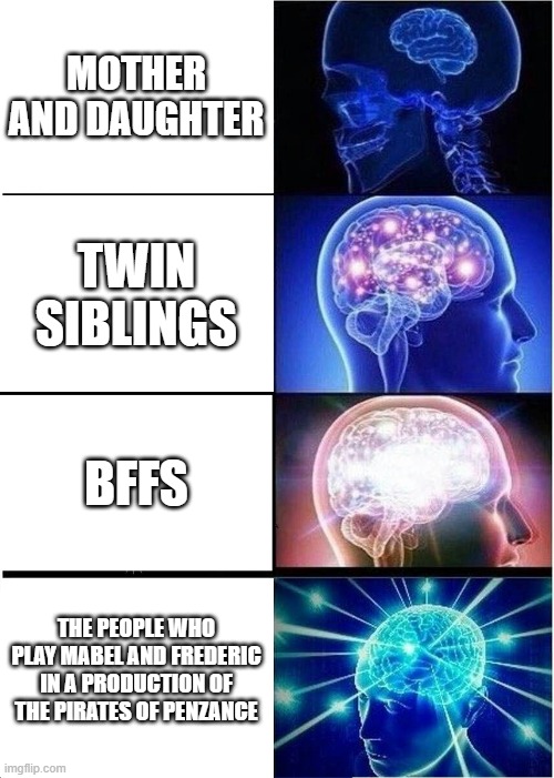 Expanding Brain | MOTHER AND DAUGHTER; TWIN SIBLINGS; BFFS; THE PEOPLE WHO PLAY MABEL AND FREDERIC IN A PRODUCTION OF THE PIRATES OF PENZANCE | image tagged in memes,expanding brain | made w/ Imgflip meme maker