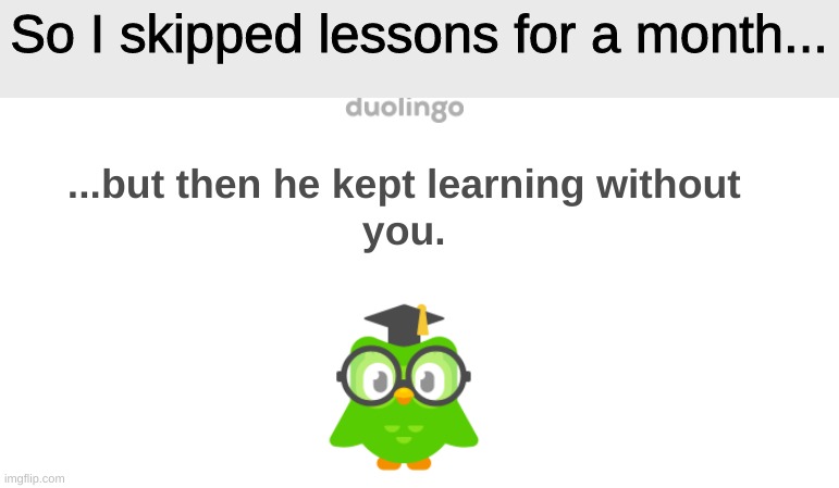 Guilt trap | So I skipped lessons for a month... | image tagged in duolingo,memes,funny,guilt | made w/ Imgflip meme maker