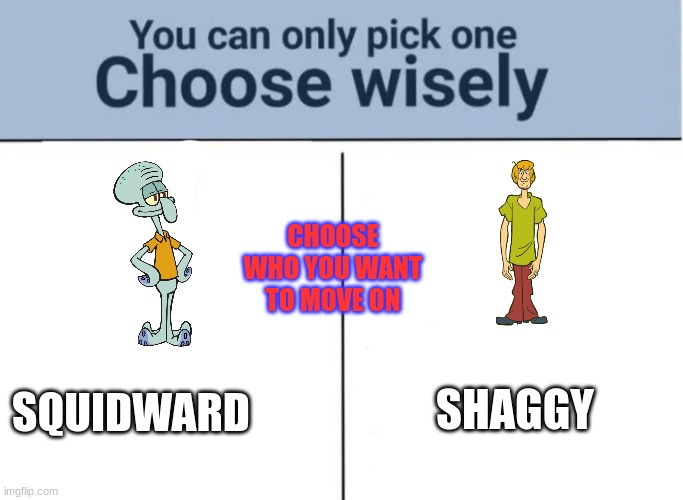 Please vote (Current score Squidward 0 Shaggy 0) | CHOOSE WHO YOU WANT TO MOVE ON; SHAGGY; SQUIDWARD | image tagged in e | made w/ Imgflip meme maker