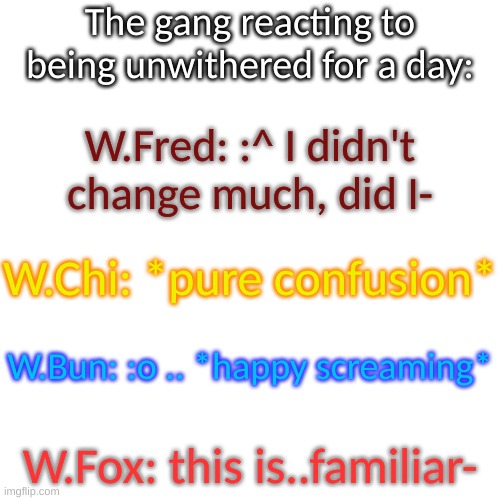 their reactions were quite obvious | The gang reacting to being unwithered for a day:; W.Fred: :^ I didn't change much, did I-; W.Chi: *pure confusion*; W.Bun: :o .. *happy screaming*; W.Fox: this is..familiar- | image tagged in blank transparent square | made w/ Imgflip meme maker