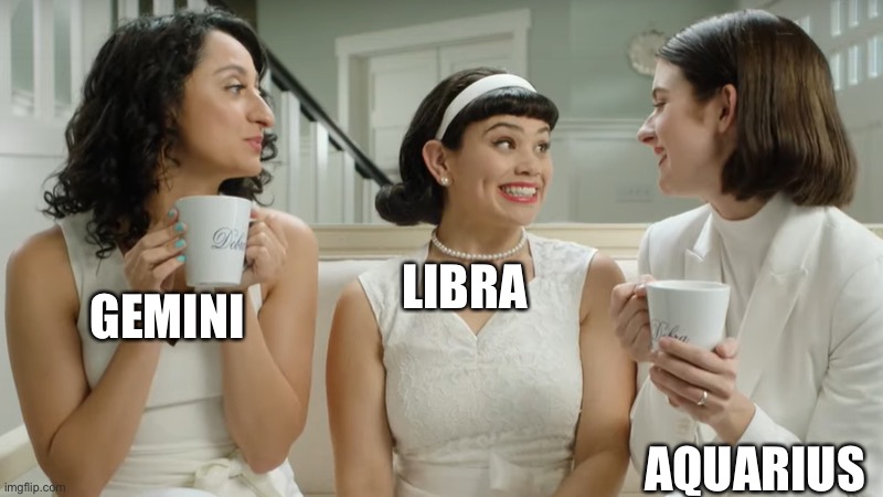 Three busy debras as air signs | LIBRA; GEMINI; AQUARIUS | image tagged in adult swim | made w/ Imgflip meme maker