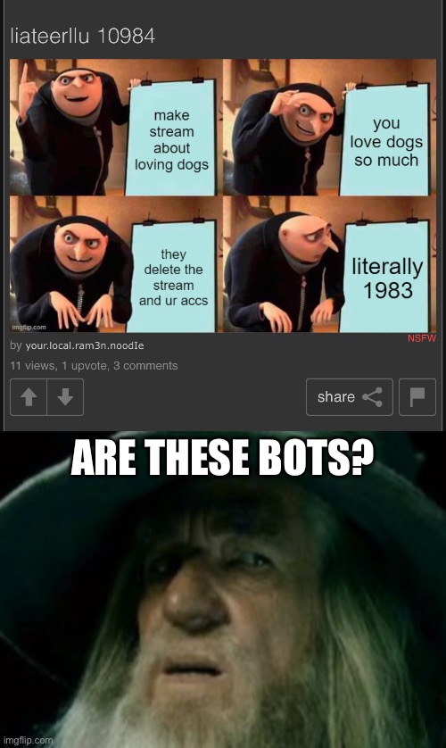 And here’s fake retro https://imgflip.com/user/_Retro_ | ARE THESE BOTS? | image tagged in memes,confused gandalf | made w/ Imgflip meme maker