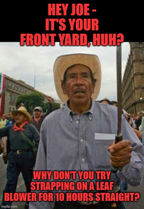 Angry mexican | HEY JOE - IT'S YOUR FRONT YARD, HUH? WHY DON'T YOU TRY STRAPPING ON A LEAF BLOWER FOR 10 HOURS STRAIGHT? | image tagged in angry mexican | made w/ Imgflip meme maker