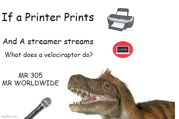 Velocirappin | If a Printer Prints; And A streamer streams; What does a velociraptor do? MR 305 MR WORLDWIDE | image tagged in funny memes,funny | made w/ Imgflip meme maker