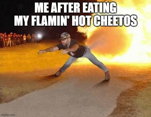 fire fart | ME AFTER EATING MY FLAMIN' HOT CHEETOS | image tagged in fire fart | made w/ Imgflip meme maker