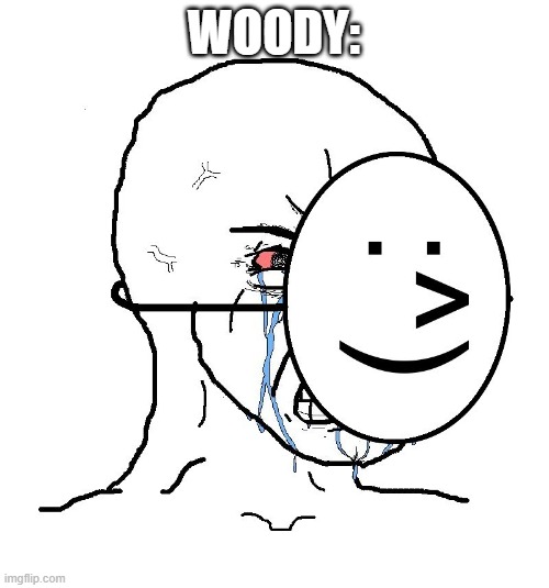 Pretending To Be Happy, Hiding Crying Behind A Mask | WOODY: | image tagged in pretending to be happy hiding crying behind a mask | made w/ Imgflip meme maker