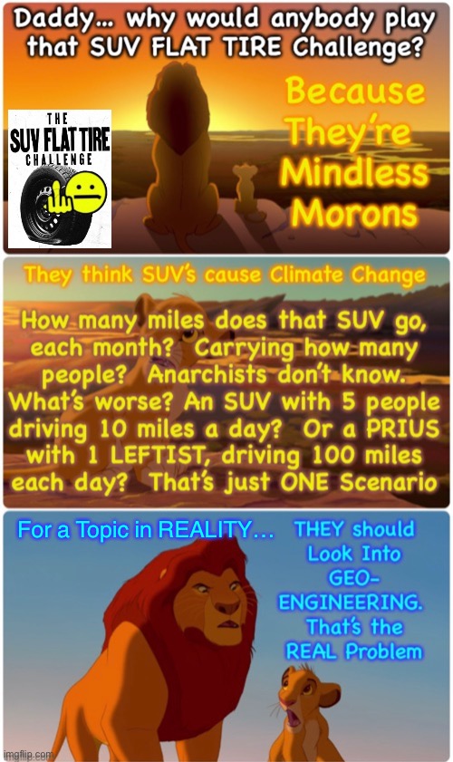 There are so many things wrong with their Premise, it’s as is Leftists have No Brain, at all | For a Topic in REALITY… | image tagged in memes,lion king,come touch my car,i dare ya,find a real cause to champion,not a bogus get rich quick power scheme | made w/ Imgflip meme maker