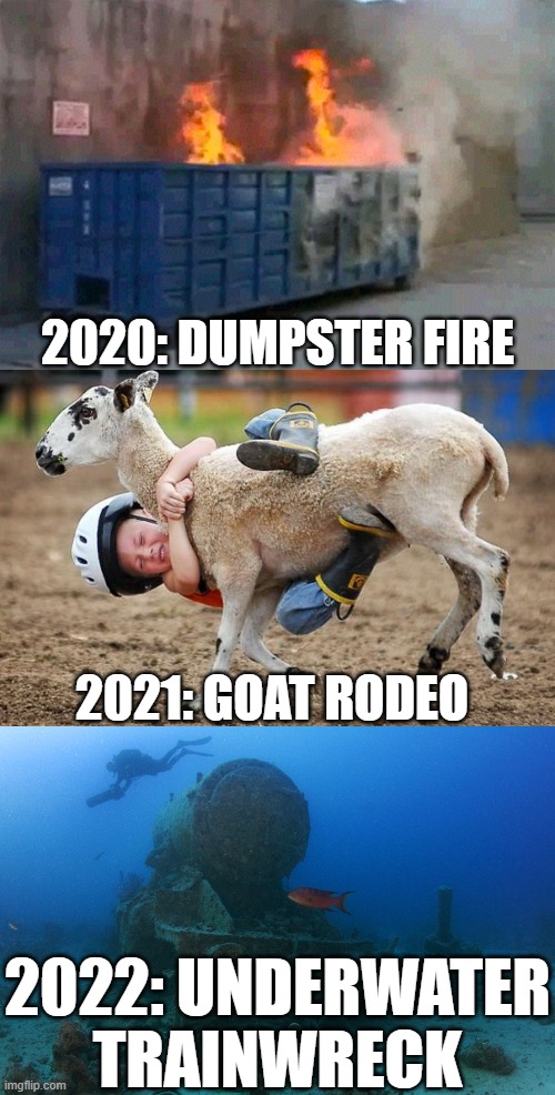 "When the going gets tough, the tough get going." - English Proverb |  2020: DUMPSTER FIRE; 2021: GOAT RODEO; 2022: UNDERWATER TRAINWRECK | image tagged in 2020 dumpster fire,goat rodeo,2022,underwater,trainwreck,you're gonna have a bad time | made w/ Imgflip meme maker
