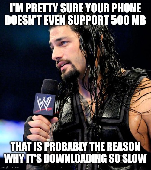 roman reigns | I'M PRETTY SURE YOUR PHONE DOESN'T EVEN SUPPORT 500 MB THAT IS PROBABLY THE REASON WHY IT'S DOWNLOADING SO SLOW | image tagged in roman reigns | made w/ Imgflip meme maker