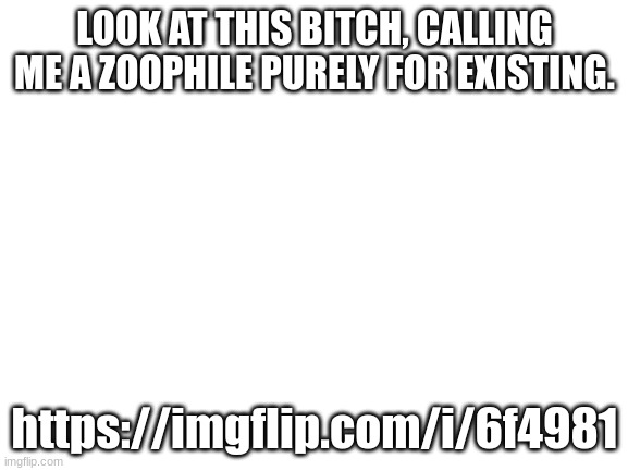 Blank White Template | LOOK AT THIS BITCH, CALLING ME A ZOOPHILE PURELY FOR EXISTING. https://imgflip.com/i/6f4981 | image tagged in blank white template | made w/ Imgflip meme maker