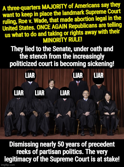 MINORITY RULE SCOTUS | A three-quarters MAJORITY of Americans say they
want to keep in place the landmark Supreme Court
ruling, Roe v. Wade, that made abortion legal in the
United States. ONCE AGAIN Republicans are telling
us what to do and taking or rights away with their
MINORITY RULE! | image tagged in scumbag republicans,clown car republicans,politically incorrect,scotus,liars,minority rule | made w/ Imgflip meme maker