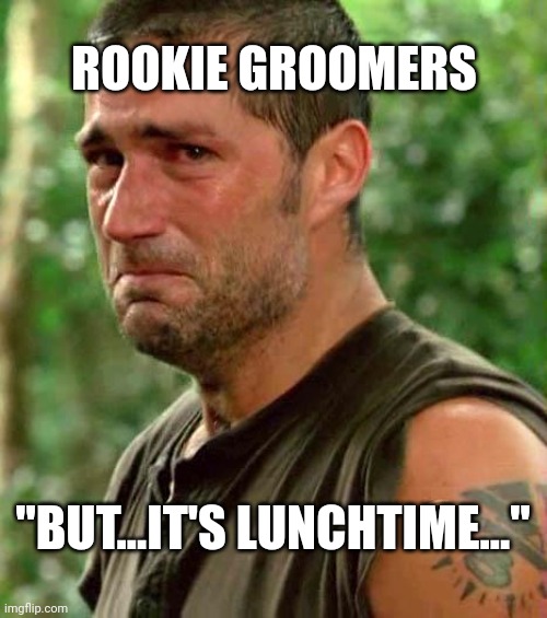 Groomers lunch? | ROOKIE GROOMERS; "BUT...IT'S LUNCHTIME..." | image tagged in man crying,lunch time | made w/ Imgflip meme maker