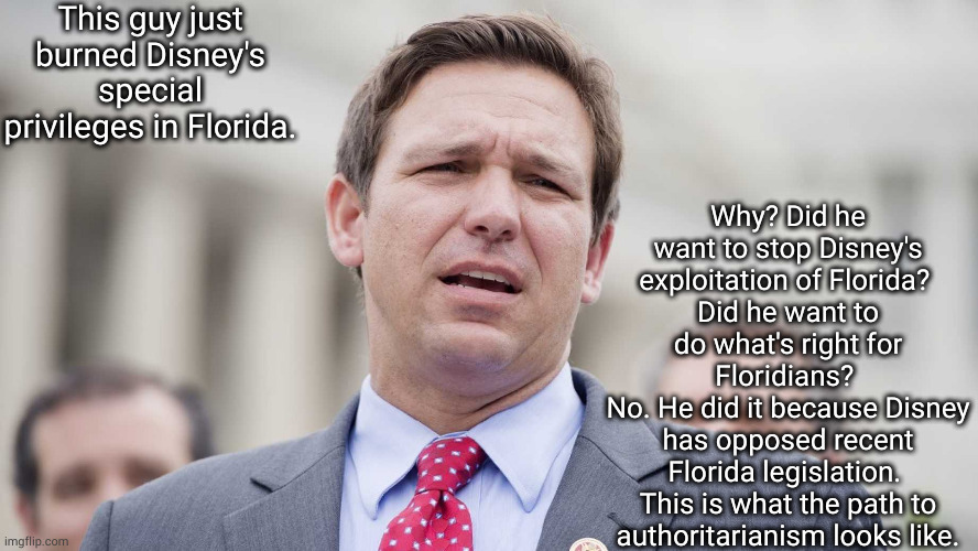 Right move, wrong reasons. | This guy just burned Disney's special privileges in Florida. Why? Did he want to stop Disney's exploitation of Florida? 
Did he want to do what's right for Floridians? 
No. He did it because Disney has opposed recent Florida legislation. 
This is what the path to authoritarianism looks like. | image tagged in ron desantis | made w/ Imgflip meme maker